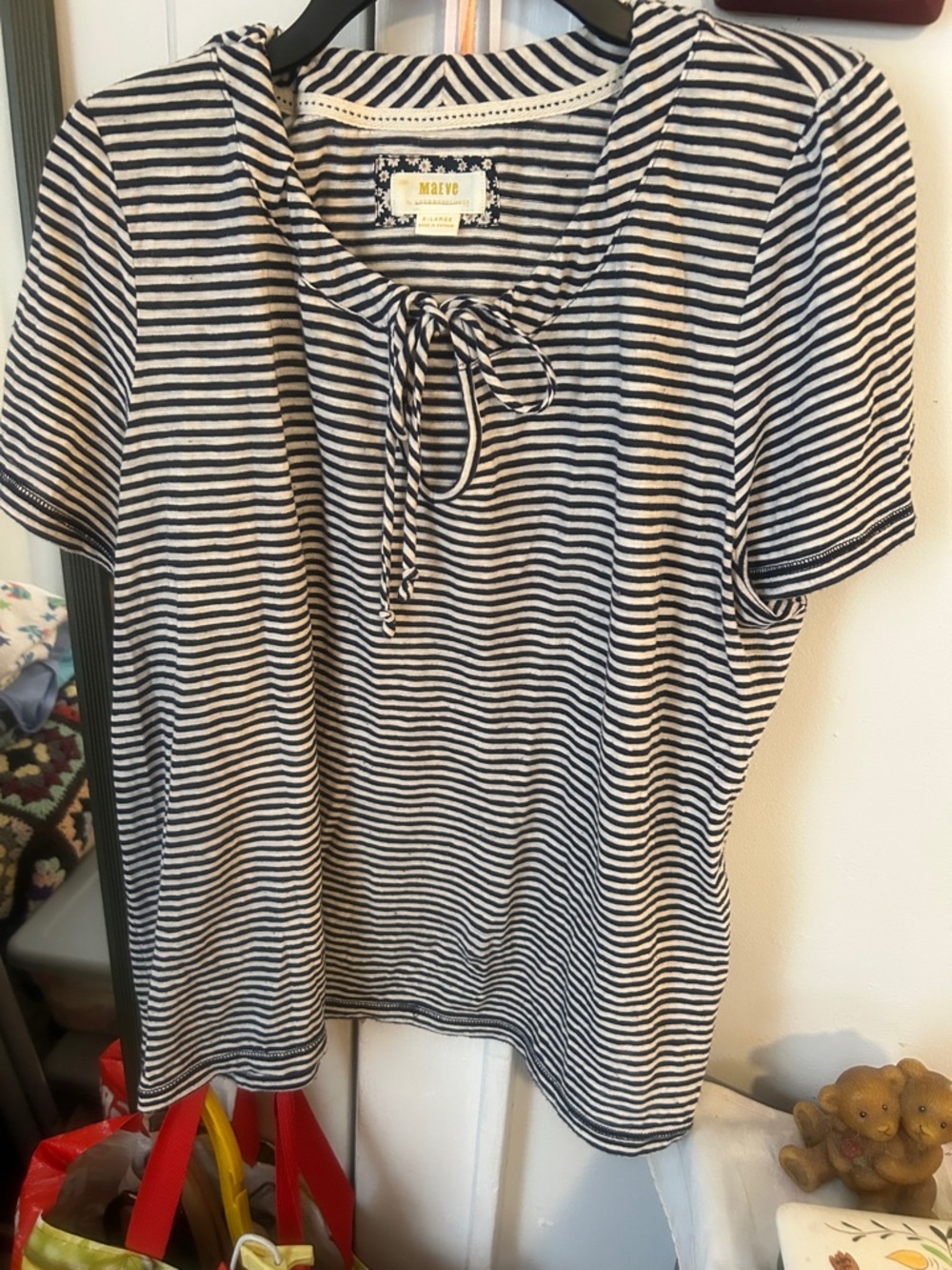 Maeve Navy & White Striped Tie-Front Short Sleeve Top Anthropologie